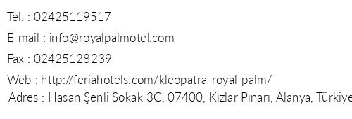 Kleopatra Royal Palm Hotel telefon numaralar, faks, e-mail, posta adresi ve iletiim bilgileri